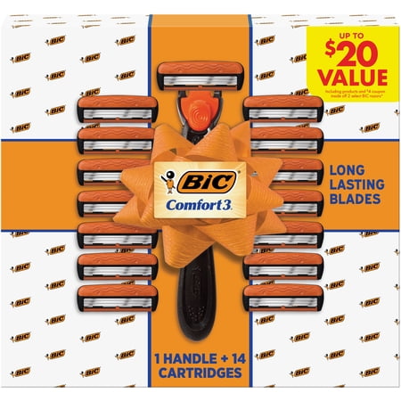 BIC Comfort 3 Refillable Men's 3-Blade Manual Razors, 1 Handle and 14 Cartridges, Black
