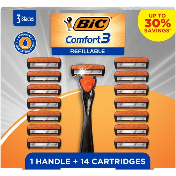 BIC Comfort 3 Refillable Disposable Razors for Men, 1 Handle and 14 Cartridges With 3 Blades, 15 Piece Razor Kit for Men
