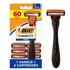 BIC Comfort 3 Refillable 3 Blade Razor for Men, 1 Handle and 6 Cartridges, 7 Piece Razor Set