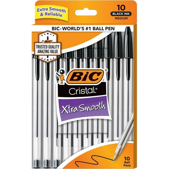 BIC Cristal Ballpoint Stick Pens - Medium Pen Point - Black - Clear Barrel - 10 / Pack | Bundle of 2 Packs