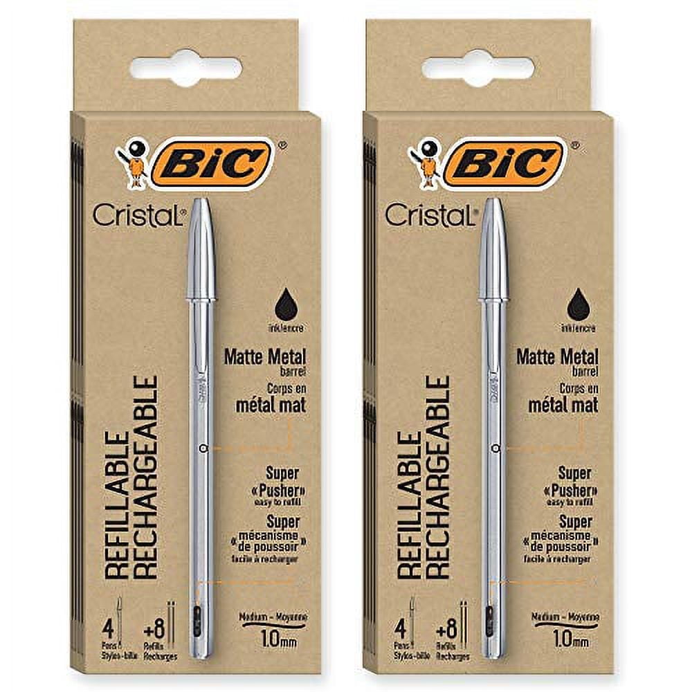 BIC Cristal Metal Refillable Ballpoint Pens, Black Ink, 8-Count Pack and 16  Refills, Black Pens for Office and School Supplies 