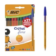 BIC Cristal Original Ball Pens Fine Point 0.8 mm - Assorted Colours, Orange Barrel, Box of 27