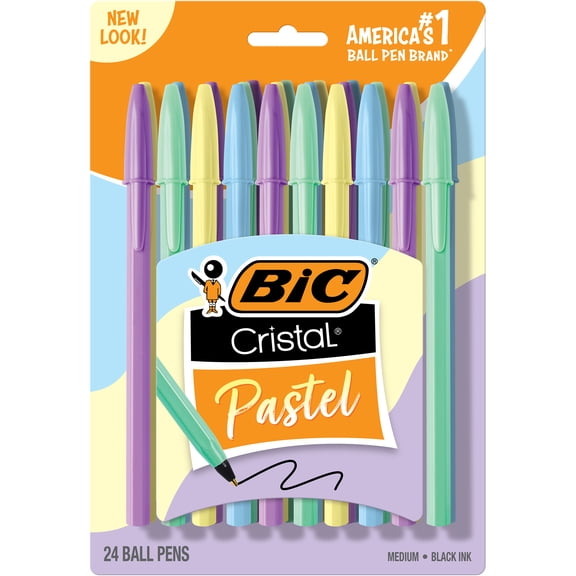 BIC Cristal Pastel Ballpoint Pens, Black Ink, Pastel Colored Barrels, 24-Count Pack