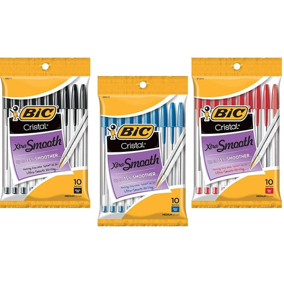 BIC Cristal Xtra Smooth Ball Pen Combo Set: Set Includes 10 Black, 10 Blue, and 10 Red.