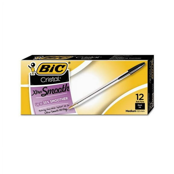 BIC Cristal Xtra Smooth Ballpoint Pen, Stick, Medium 1 mm, Black Ink, Clear Barrel, Dozen