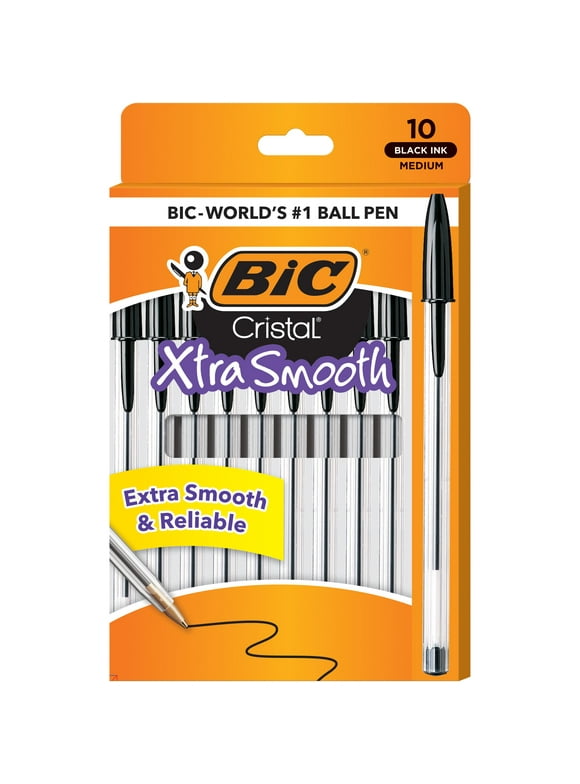 BIC Cristal Xtra Smooth Ballpoint Stick Pens, 1.0 mm, Black Ink, Pack of 10