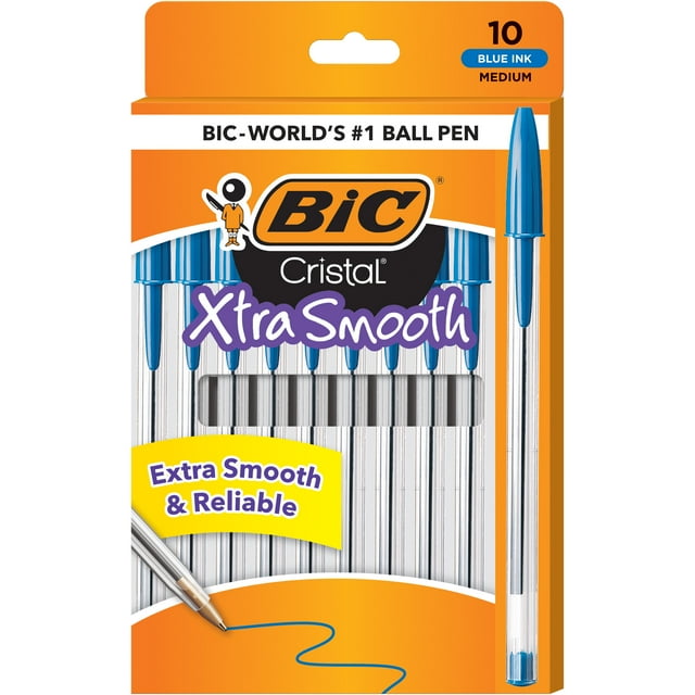 BIC Cristal Xtra Smooth Ballpoint Stick Pens, 1.0 mm, Blue Ink, Pack of 10