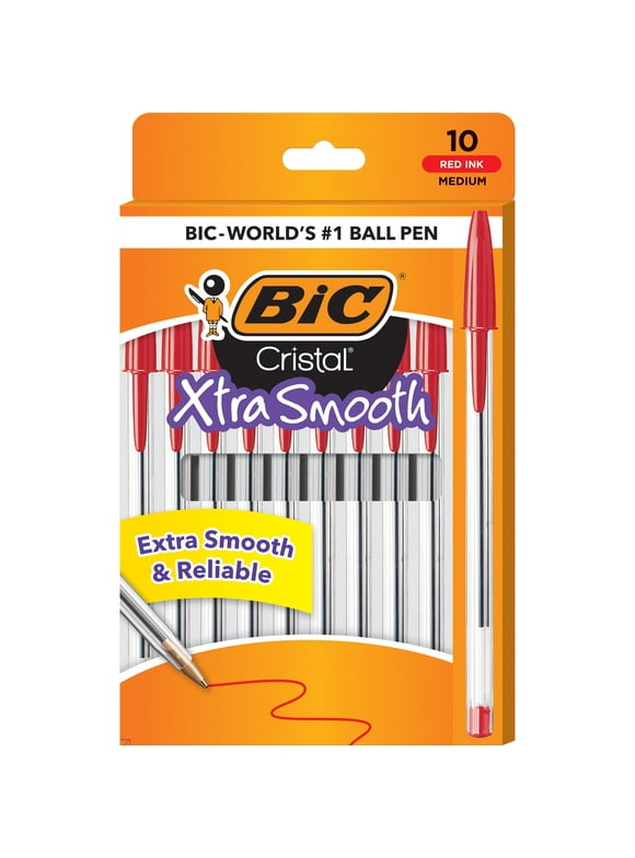 BIC Cristal Xtra Smooth Ballpoint Stick Pens, 1.0 mm, Red Ink, Pack of 10