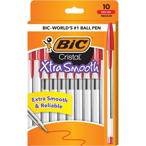 BIC Cristal Xtra Smooth Ballpoint Pen, Medium Point, 1.0 mm, Red Ink, 10 Count