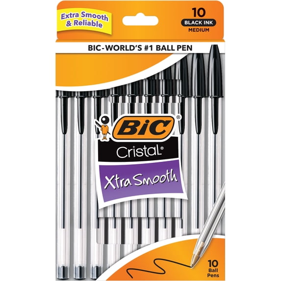 BIC Cristal Xtra Smooth Ballpoint Pens, Medium Point, 1.0 mm, Black Ink, 10 Count