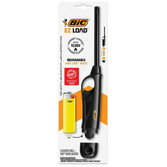 BIC EZ LOAD Reloadable Multi Purpose Long Lighter, 1 BIC EZ LOAD Long Lighter Shell and 1 BIC Maxi Pocket Lighter
