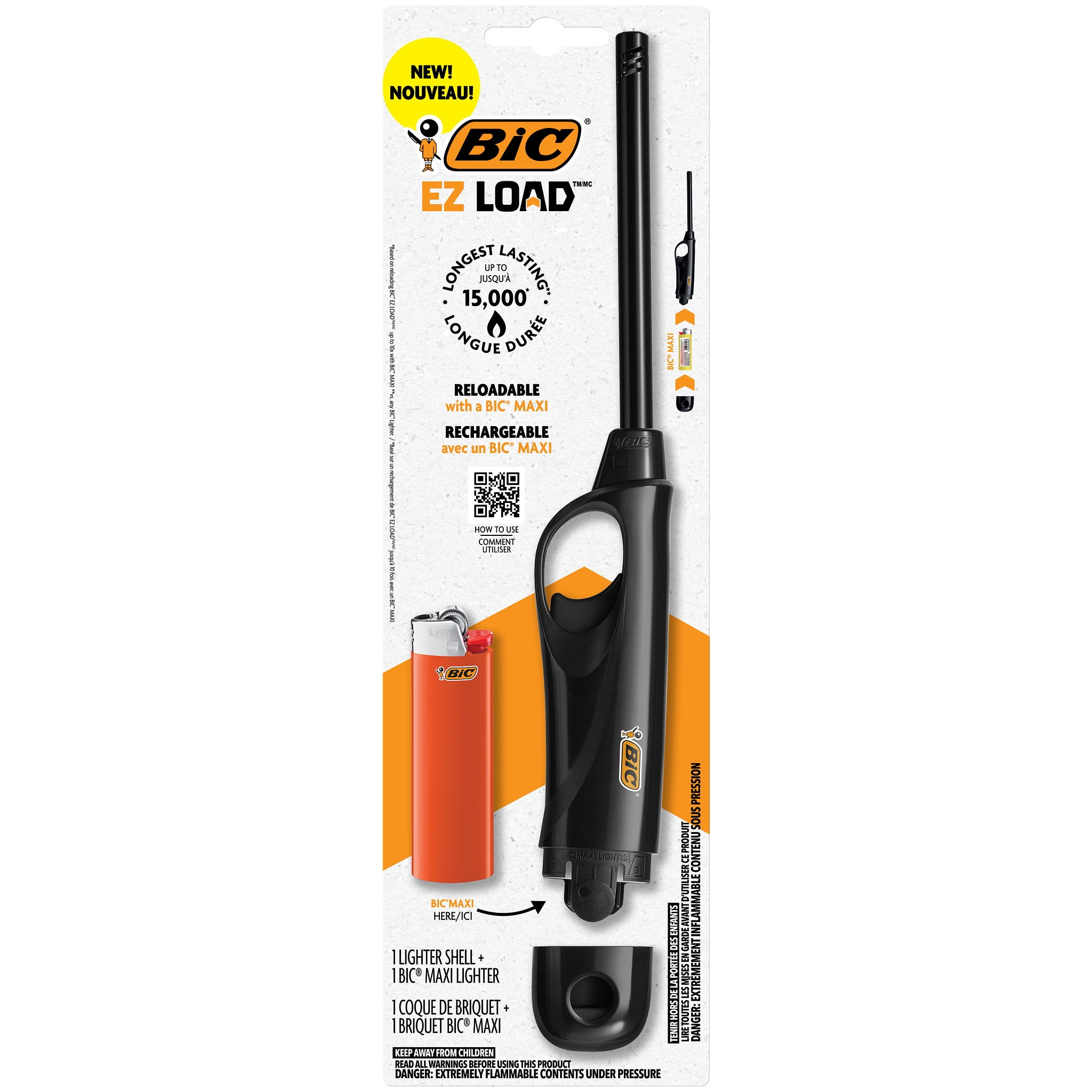BIC EZ LOAD Reloadable Multi Purpose Long Lighter, 1 BIC EZ LOAD Long Lighter Shell and 1 BIC Maxi Pocket Lighter