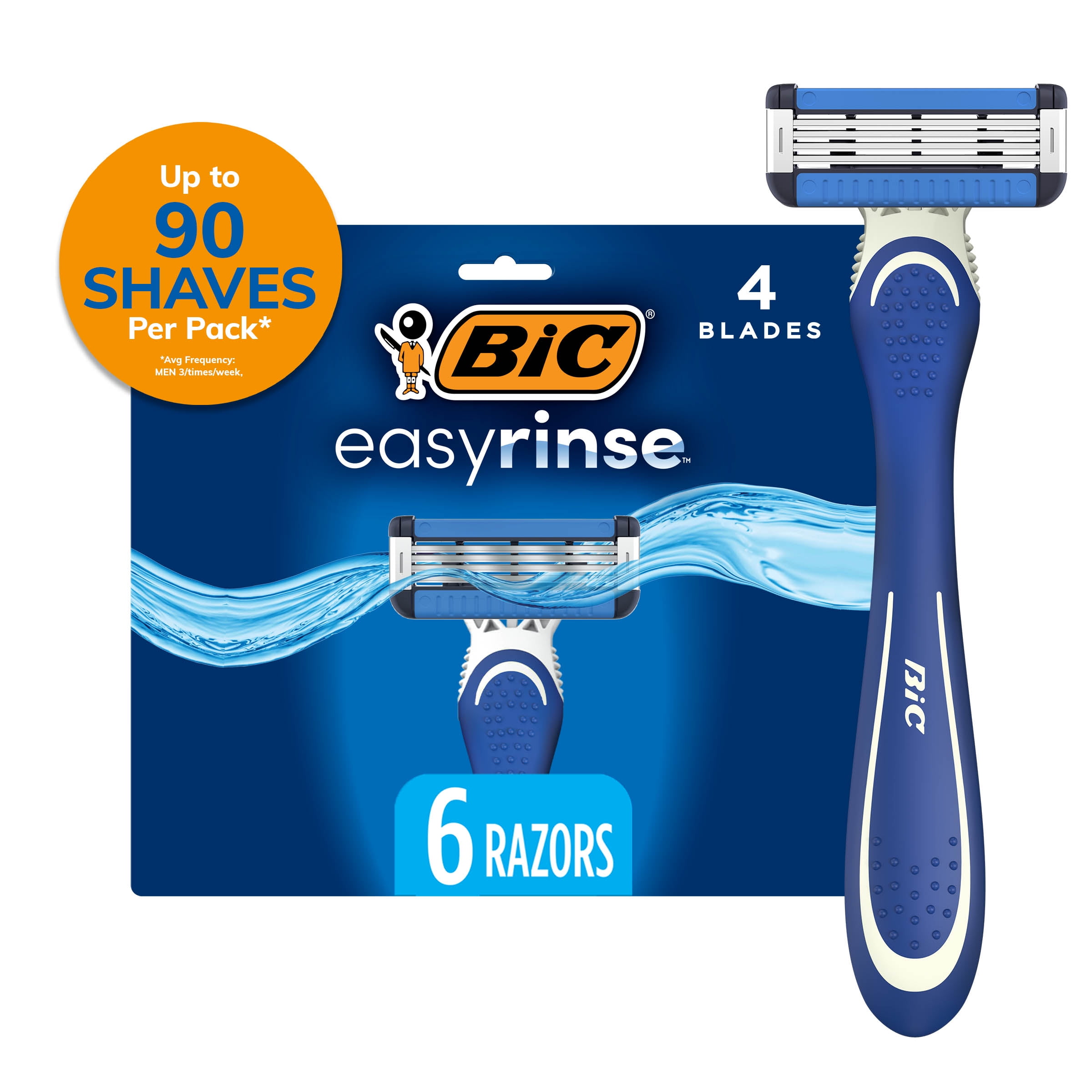 BIC EasyRinse Anti-Clogging Disposable Razors, Men's, 4 Blades, All Skin Types, 6 Count