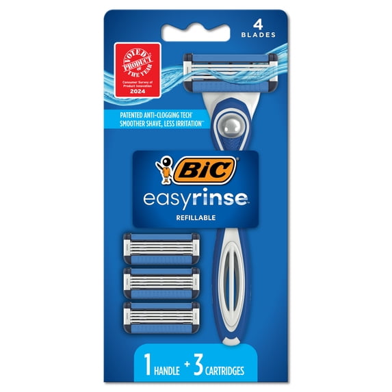 BIC Easy Rinse Anti-Clogging Men's 4-Blade Manual Refillable Razors with 3 Cartridges