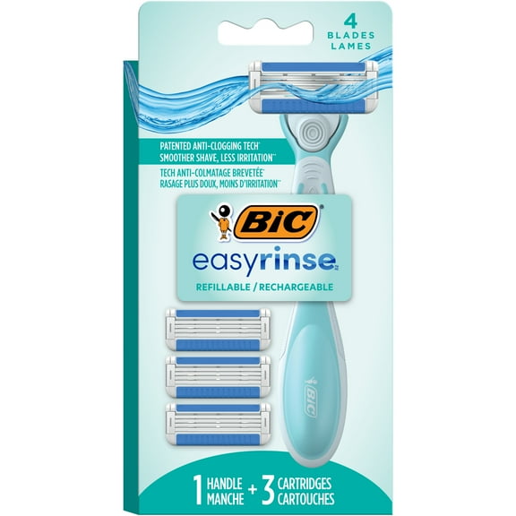 BIC EasyRinse AntiClogging Women's Razors, Refillable, 4-Blade, 1 Razor Handle and 3 Cartridges
