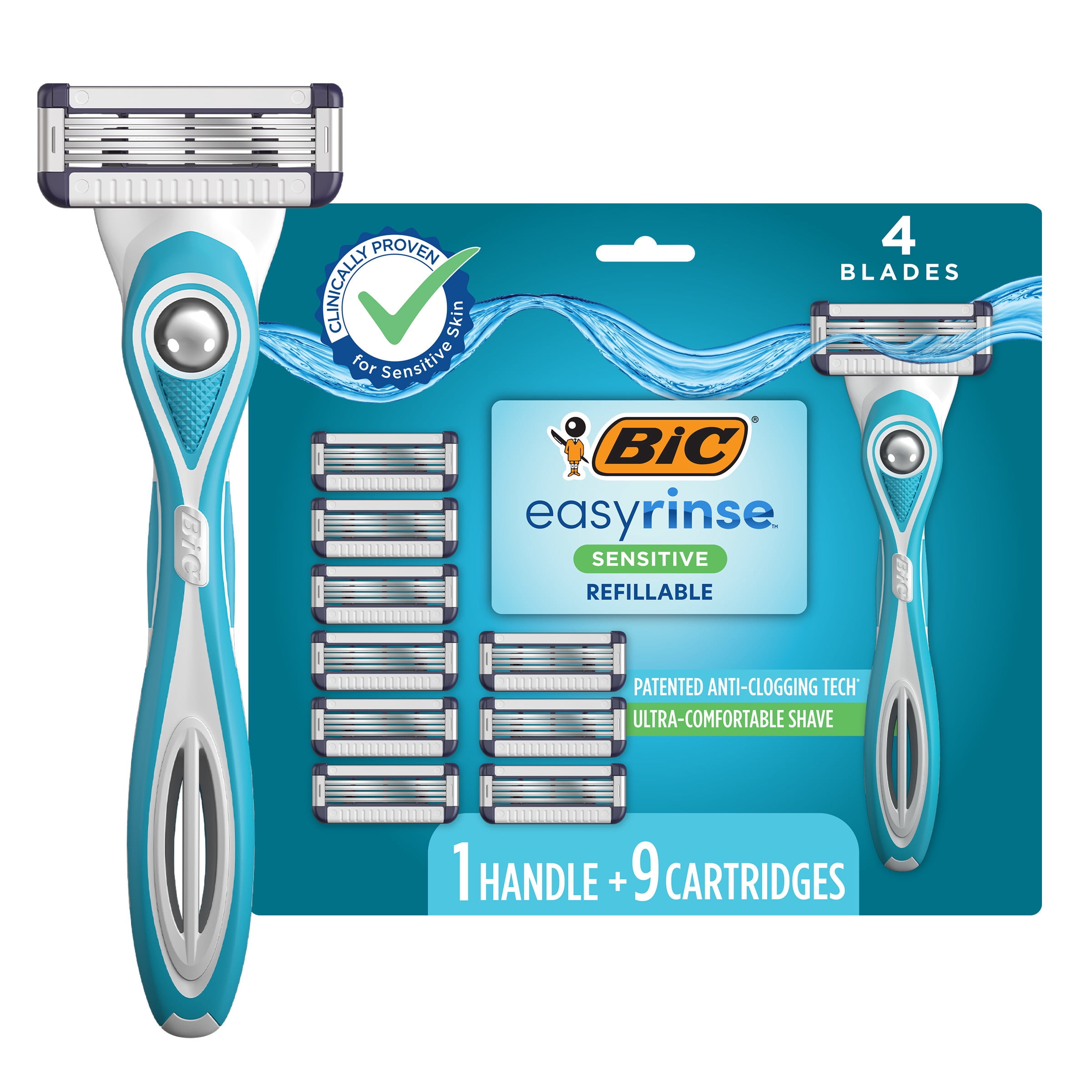 BIC EasyRinse Sensitive Anti-Clogging, Refillable Men's Razors With 4 Blades, 1 Handle and 9 Refill Razor Cartridges