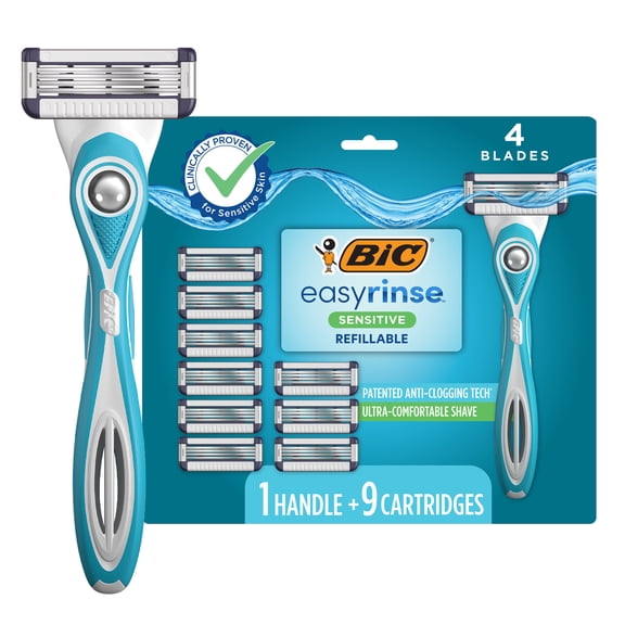 BIC EasyRinse Sensitive Anti-Clogging, Refillable Men's Razors With 4 Blades, 1 Handle and 9 Refill Razor Cartridges