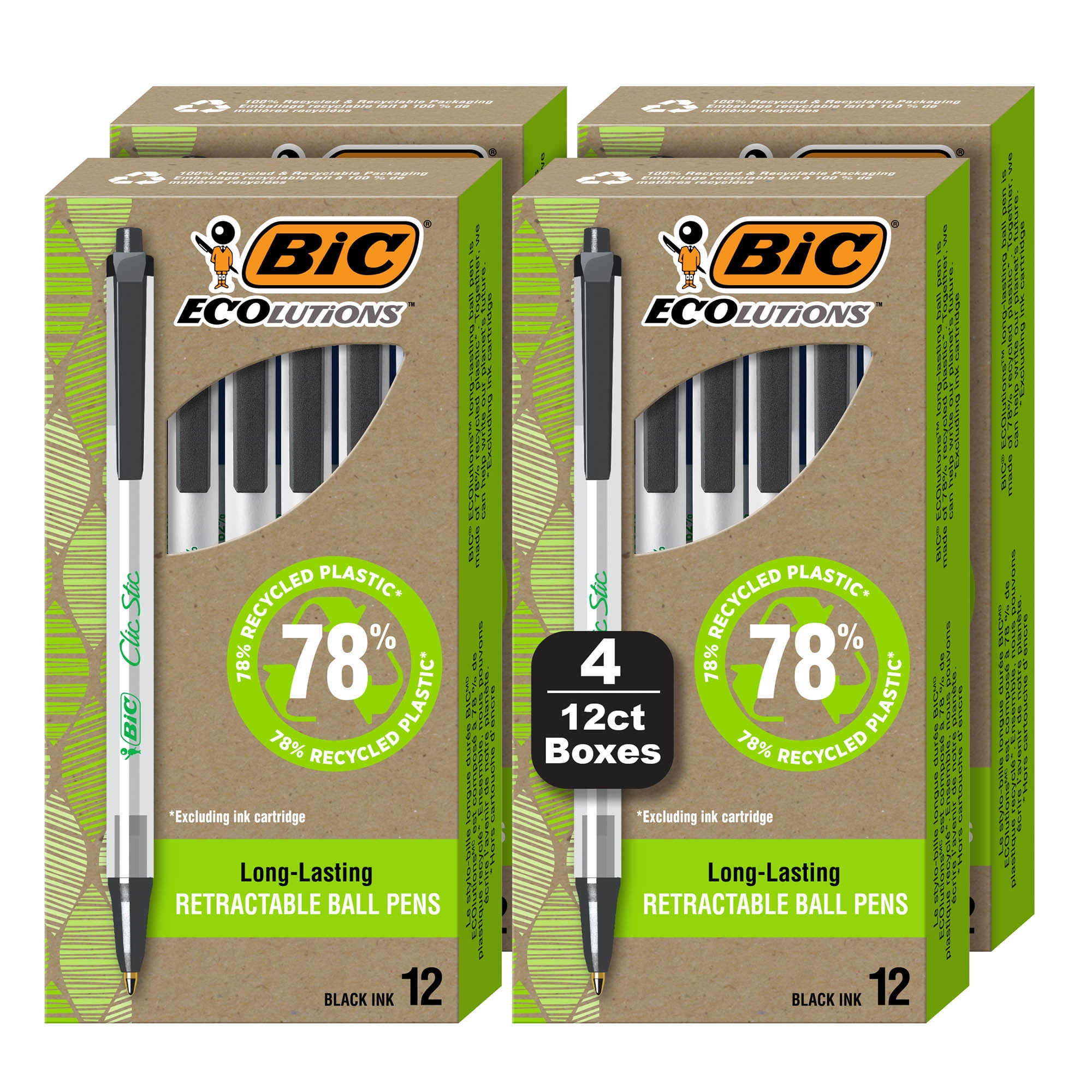 BIC Ecolutions Clic Stic Ballpoint Pens, 78 Recycled Plastic, (1.0mm), Black, 48Count