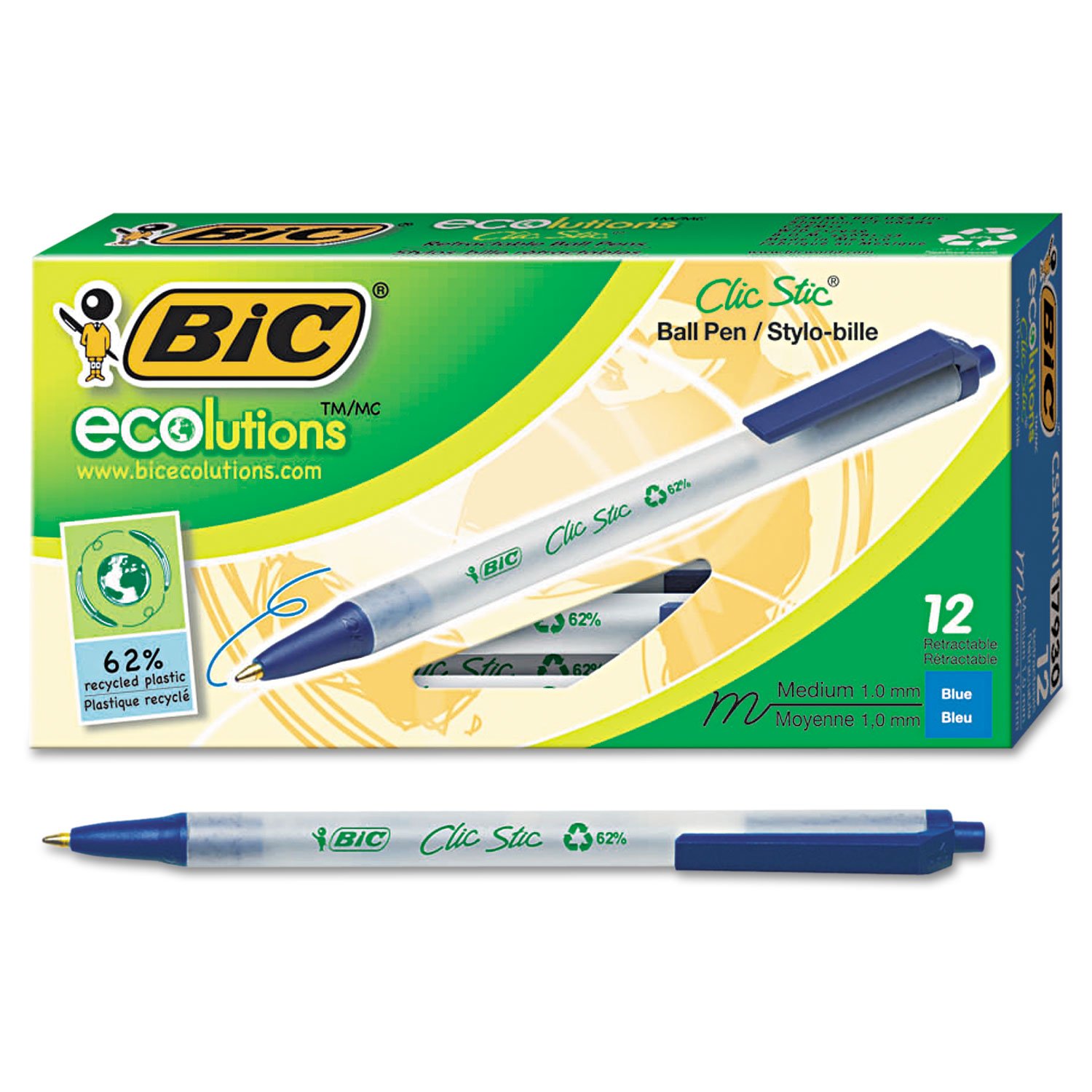 BIC Ecolutions Clic Stic Blue Ballpoint Pens, Medium Point (1.0mm), 12