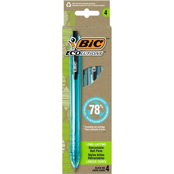 BIC Ecolutions Ocean-Bound Ball Pens, 78% Ocean-Bound Recycled Plastic, Black, 4-Count