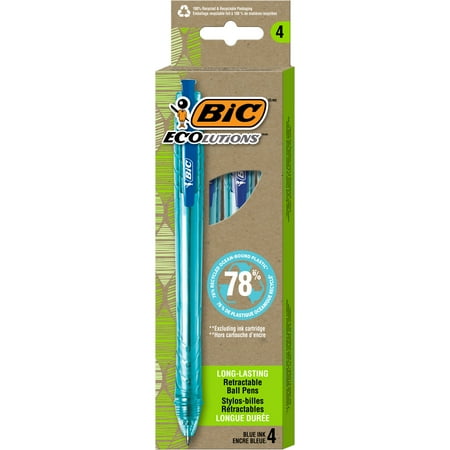 BIC Ecolutions Ocean-Bound Ball Pens, 78% Ocean-Bound Recycled Plastic, Blue, 4-Count