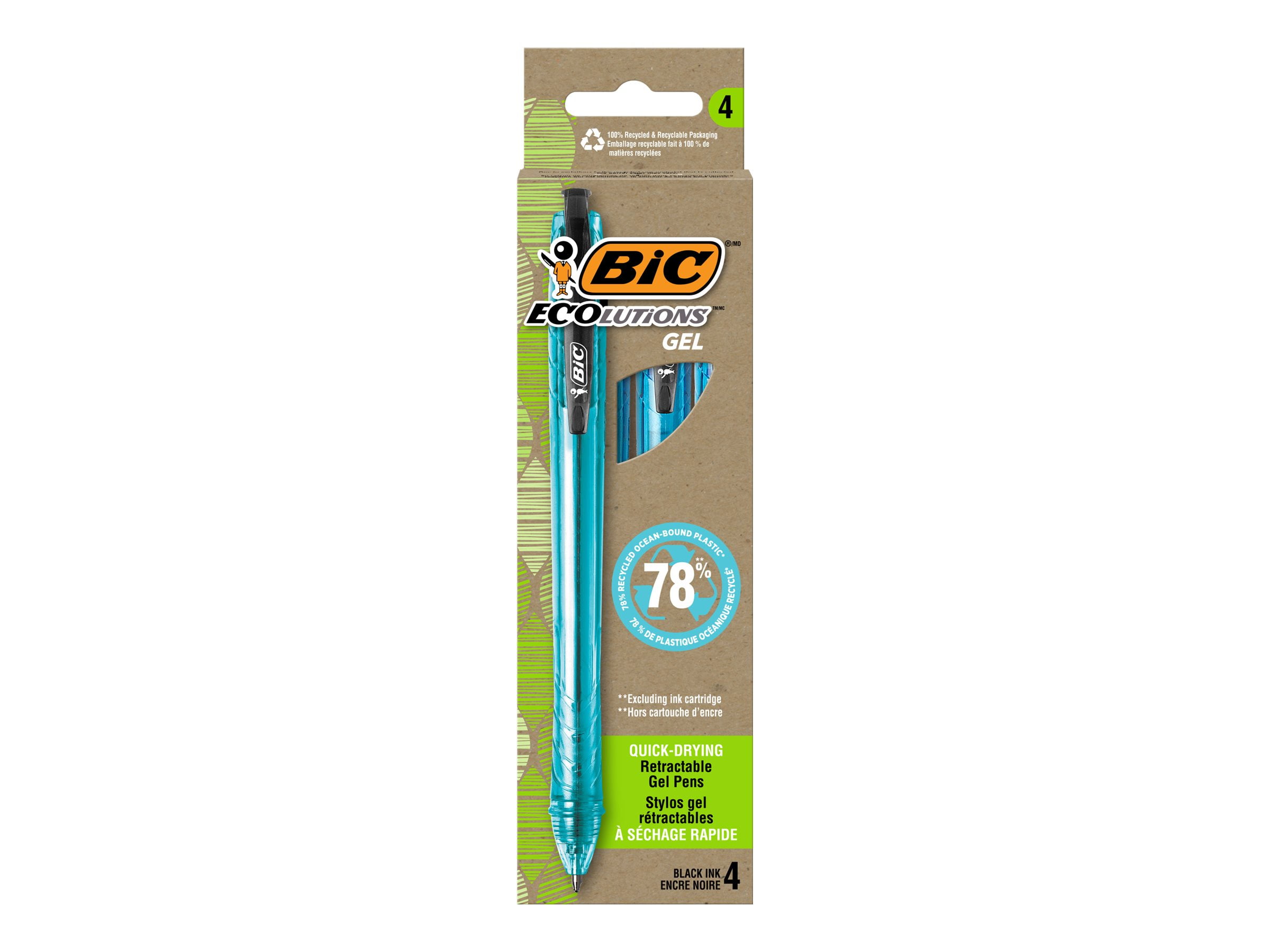 BIC Ecolutions Ocean-Bound Plastic Gel Pens, Medium Point, 1.0mm, Black Ink, 4 Count