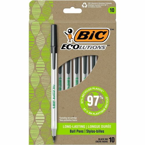 BIC Ecolutions Round Stic Ball Point Pen, Black Ink, Semi-transparent Barrel (GSME10BK) | 2 Packs (20 Total)