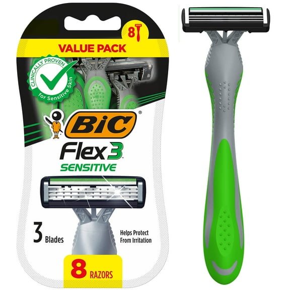 BIC Flex 3 Sensitive Disposable Razors for Men, Razors With 3 Blades, 8 Count