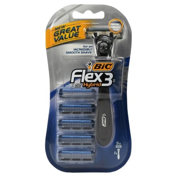 BIC Flex 3 Hybrid Men's Disposable Razor, 1 Handle, 5 Cartridges (Pack of 8)