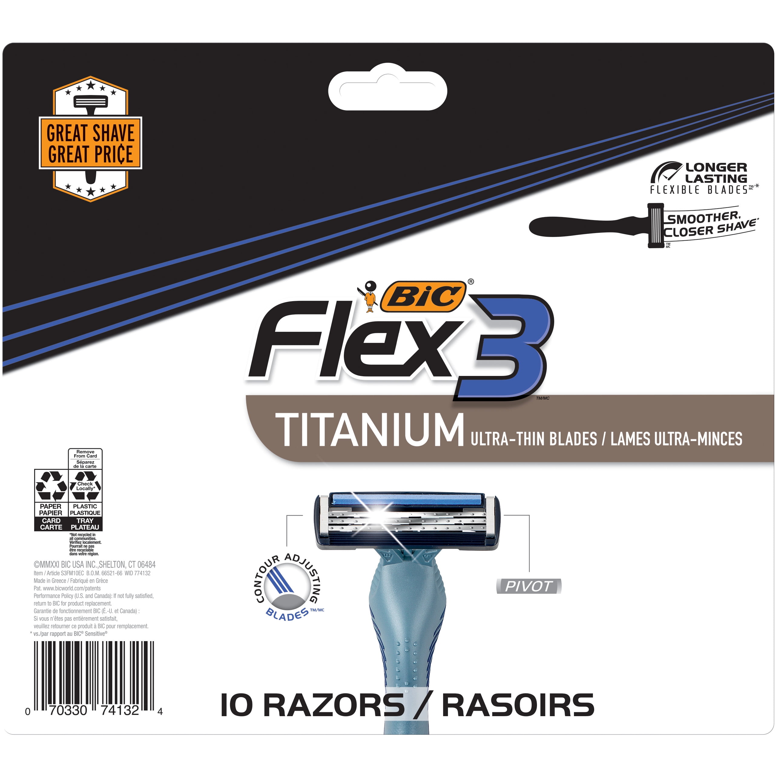 BIC Flex 3 Men’s 3 Blade Disposable Razor, 10 Count
