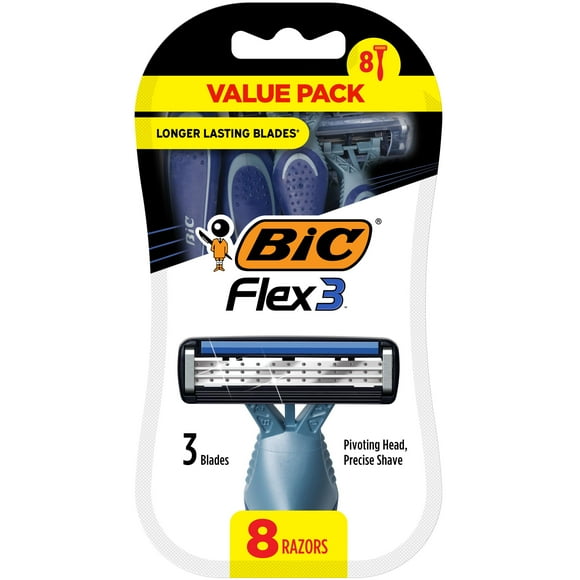 BIC Flex 3 Titanium Mens Disposable Razors With 3 Blades, Ideal Razor For Face and Body Shaving, 8 Piece Razor Kit for Men