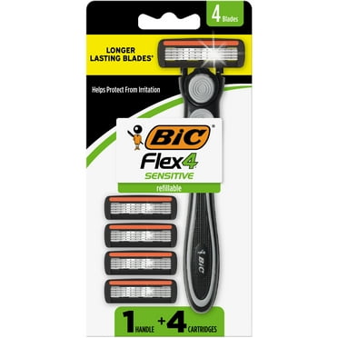 BIC Flex 4 Refillable Razors, 4 Blade Razors for Sensitive Skin, 1 Handle and 4 Razor Cartridges, 5 Piece Shaving Kit