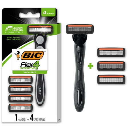 BIC Flex 4 Refillable Razors for Men, 4 Blade, 1 Handle + 4 Cartridges, 5 Piece Set