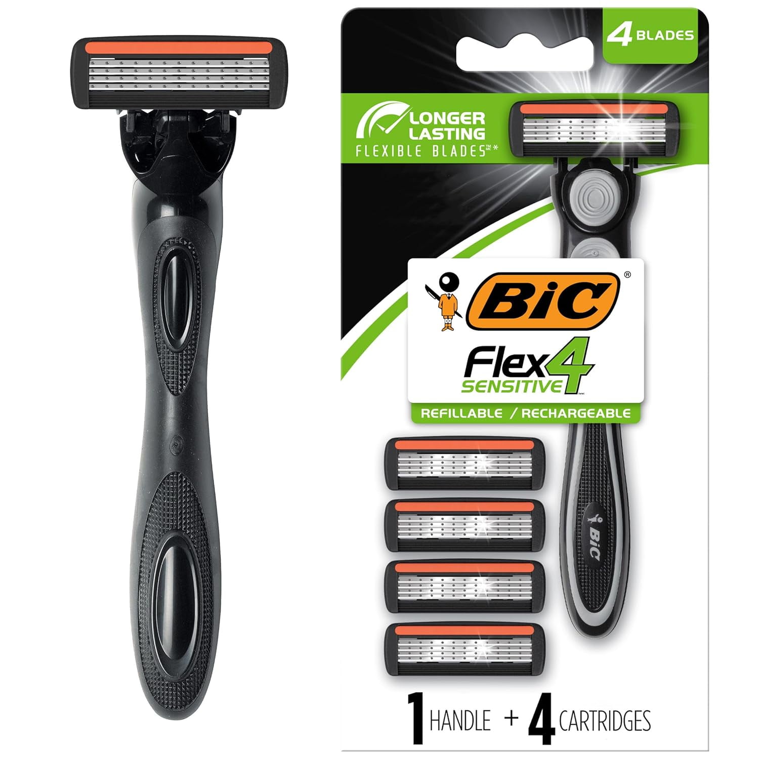 BIC Flex 4 Refillable Razors for Men, LongLasting 4 Blade Razors for