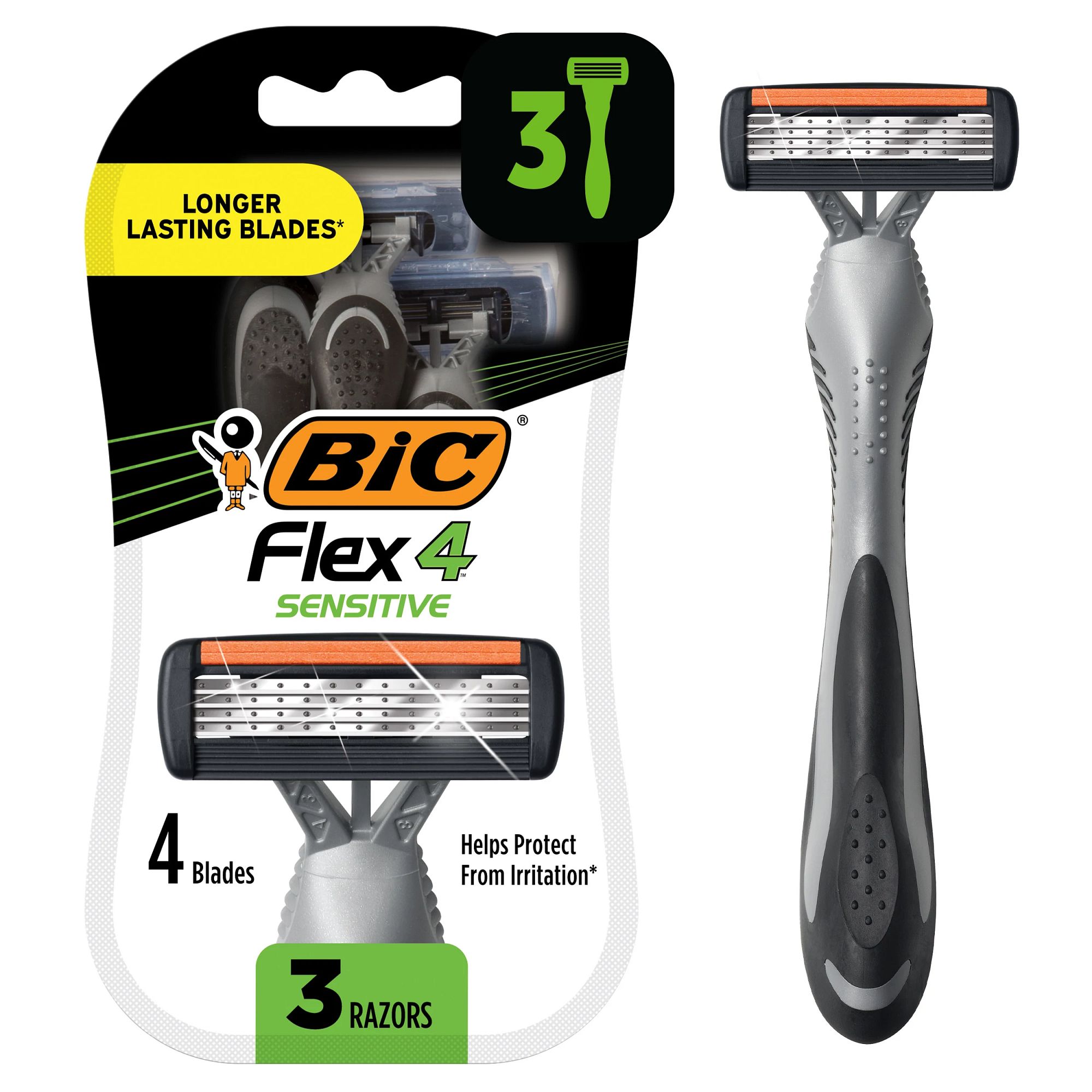 BIC Flex 4 Men's 4-Blade Disposable Razors, Dorm Room Essentials for Guys, 3-Count
