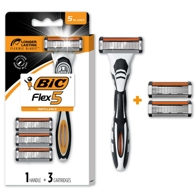 BIC Flex 5 Blade Refillable Razors, Men's, 5-Blade, 1 Handle and 3 Cartridges