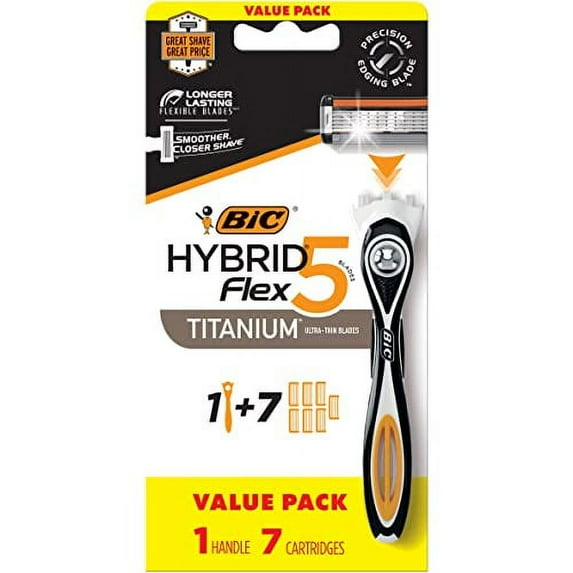 BIC Flex 5 Hybrid Disposable Razors for Men, Sensitive Skin Razor For a Smooth and Close Shave, 1 Handle and 7 Cartridges With 5 Blades
