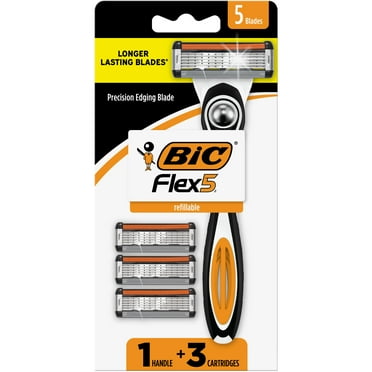 BIC Flex 5 Refillable Razors for Men, Long-Lasting 5 Blade Razors for a Smooth and Comfortable Shave, 1 Handle and 3 Cartridges, 4 Piece Shaving Kit