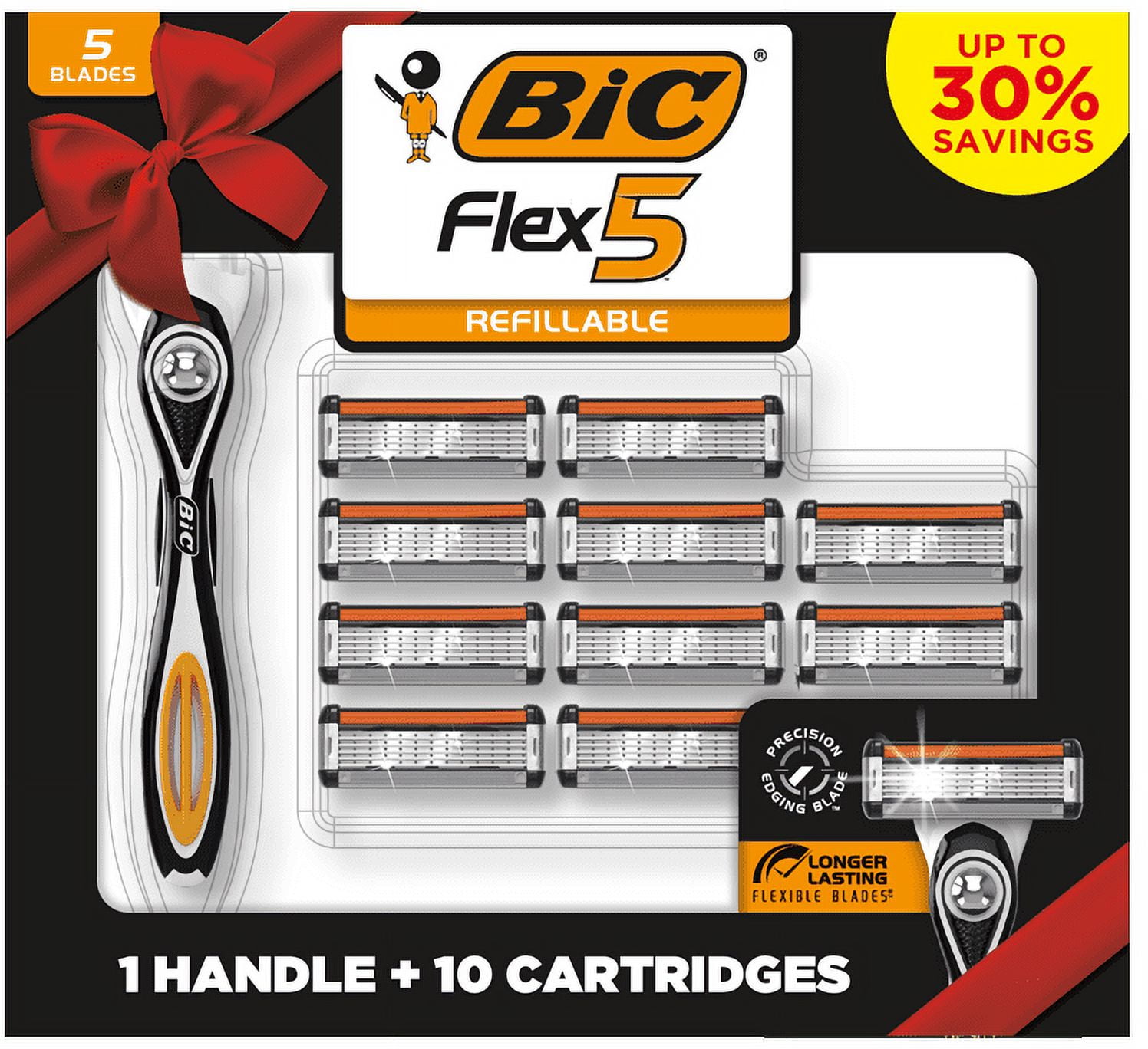 BIC Flex 5 Men's Refillable Razor Gift Set, 1 White Handle and 10 Black