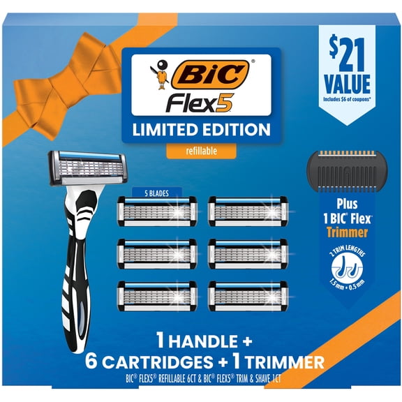 BIC Flex 5 Refillable Men's 5-Blade Refillable Razors, 1 Handle, 6 Cartridges, 1 Trimmer