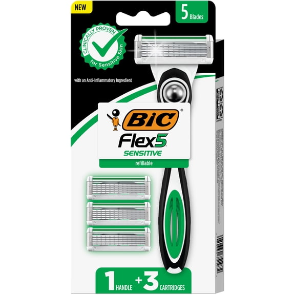 BIC Flex 5 Sensitive Men's 5-Blade Refillable Razors, 1 Handle, 3 Cartridges