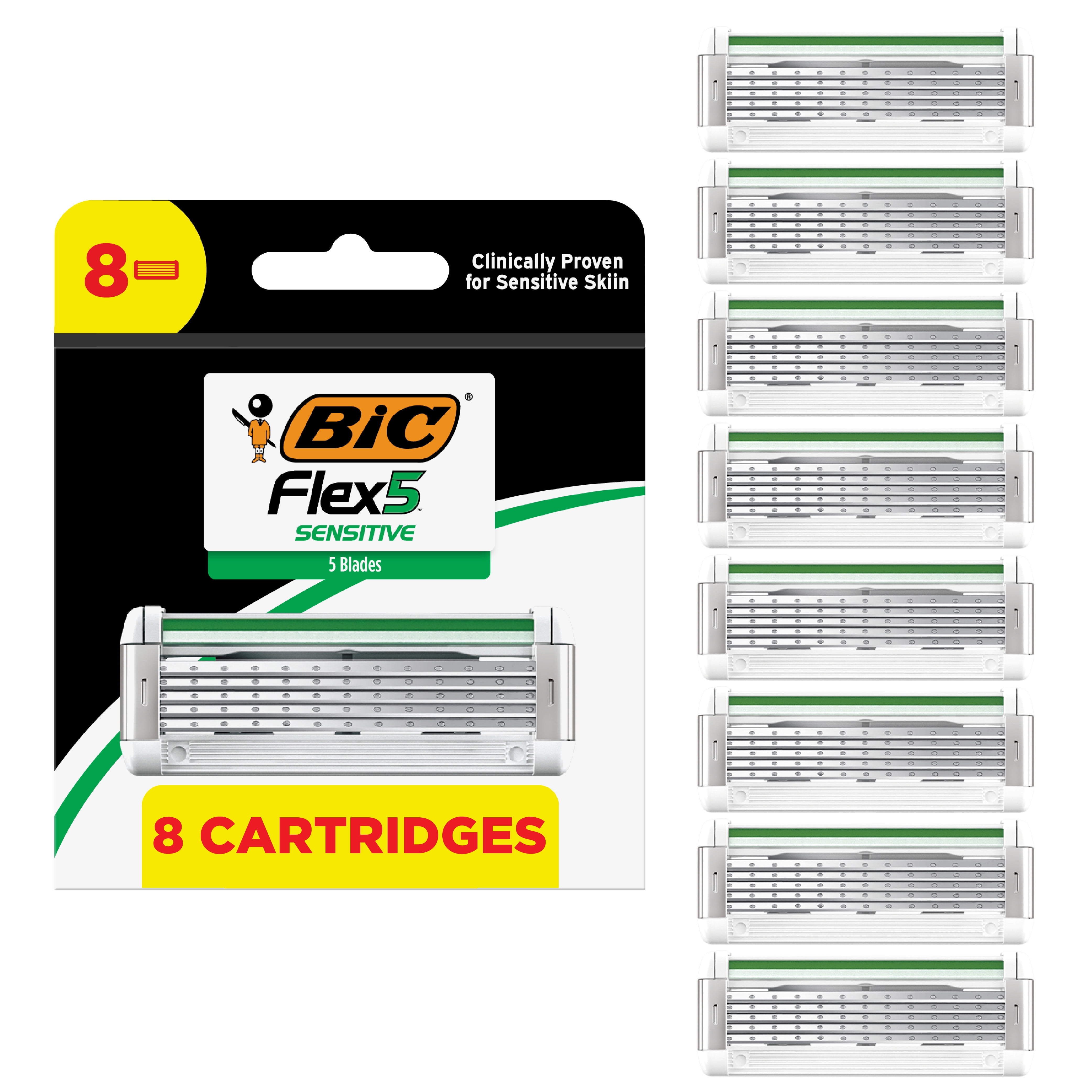 BIC Flex 5 Sensitive Refillable Razor Refills, 8 Razor Cartridges for Manual Shaving Razors