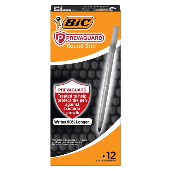 BIC GSAM11BK PrevaGuard Medium 1 mm Stick Round Stic Pen - Black Ink/Black Barrel (1 Dozen)