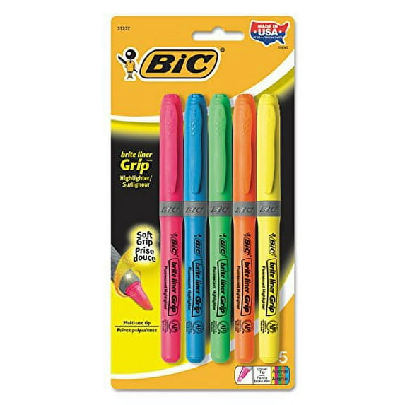 BIC Gblp51asst Brite Liner Grip Pocket Highlighter, Chisel Tip, Assorted Colors, 5/Set