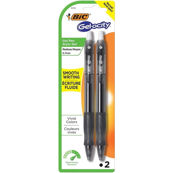 BIC Gel-ocity Original Retractable Gel Pen, Medium Point 0.7 mm, Black, 2-Count