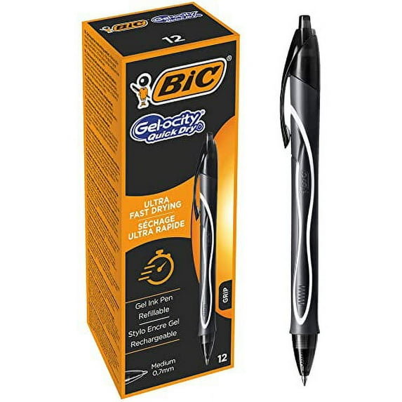 BIC Gel-ocity Quick Dry Ballpoint Pens, Medium Point (0.7 mm) and Fast Drying Black Colour Ink, Box of 12