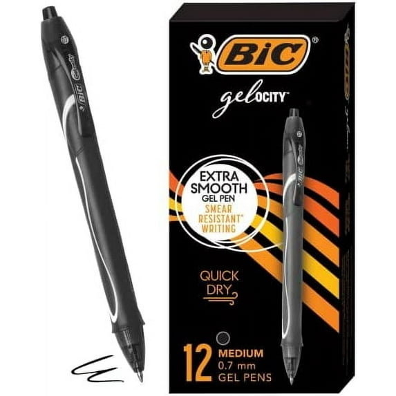 BIC Gel-ocity Quick Dry Black Gel Pens, Medium Point (0.7mm), 12-Count Pack, Retractable Gel Pens With Comfortable Full Grip