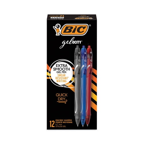 BIC Gel-ocity Quick Dry Gel Pen, Retractable, Fine 0.7 mm, Three Assorted Ink and Barrel Colors, Dozen, Each