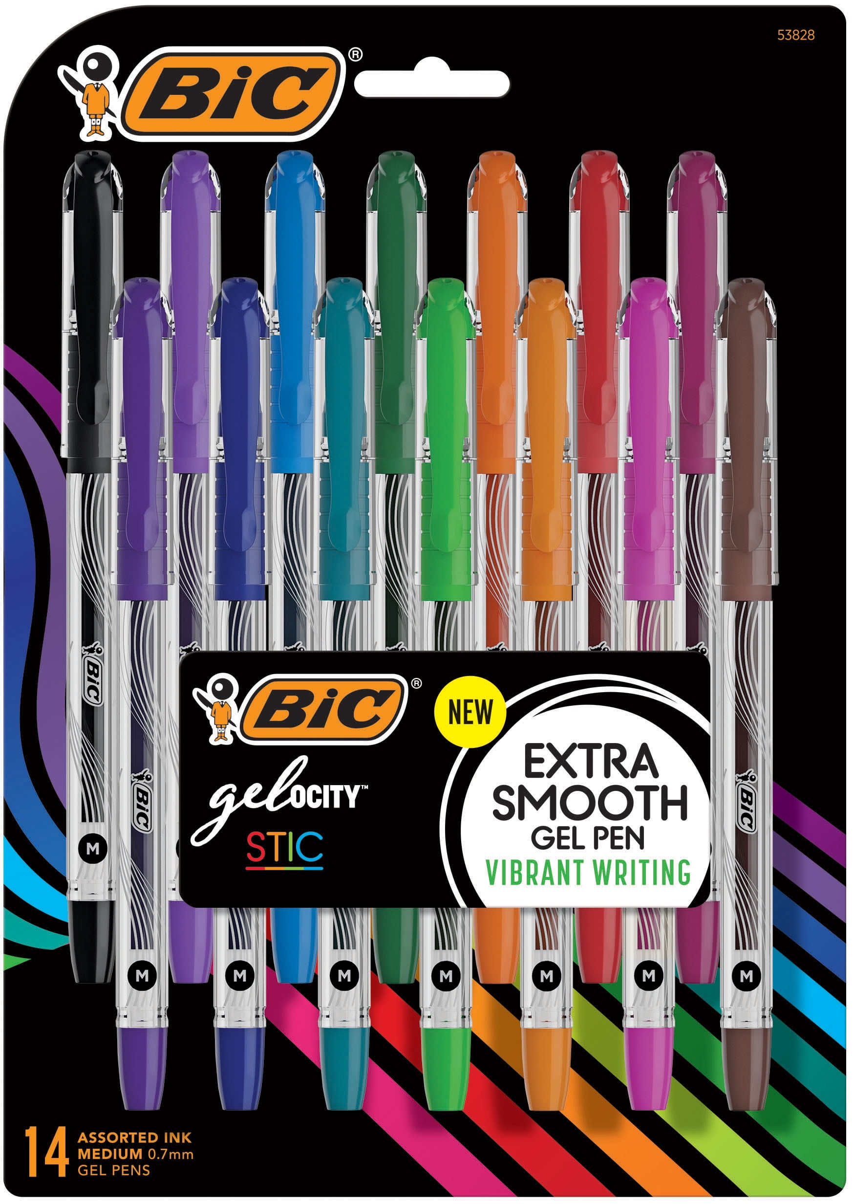 BIC Gel-ocity Stic Gel Pens, Medium Point, 0.7 mm, Clear Barrel, Assorted  Ink, Pack of 14 Pens