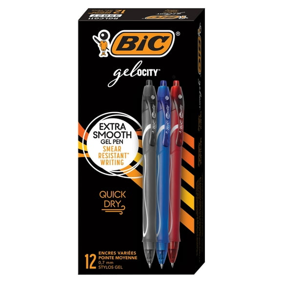 BIC Gelocity Quick Dry Assorted Colors Gel Pens, Medium Point (0.7mm), 12-Count Pack